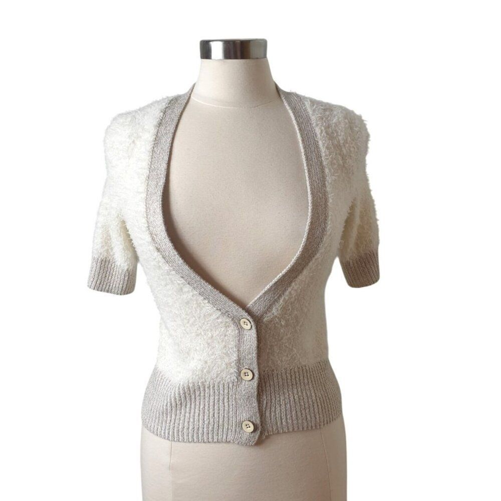 Decree Women's Cropped Sweater L Cream Gold Y2K Fuzzy Cardigan Button-Up
